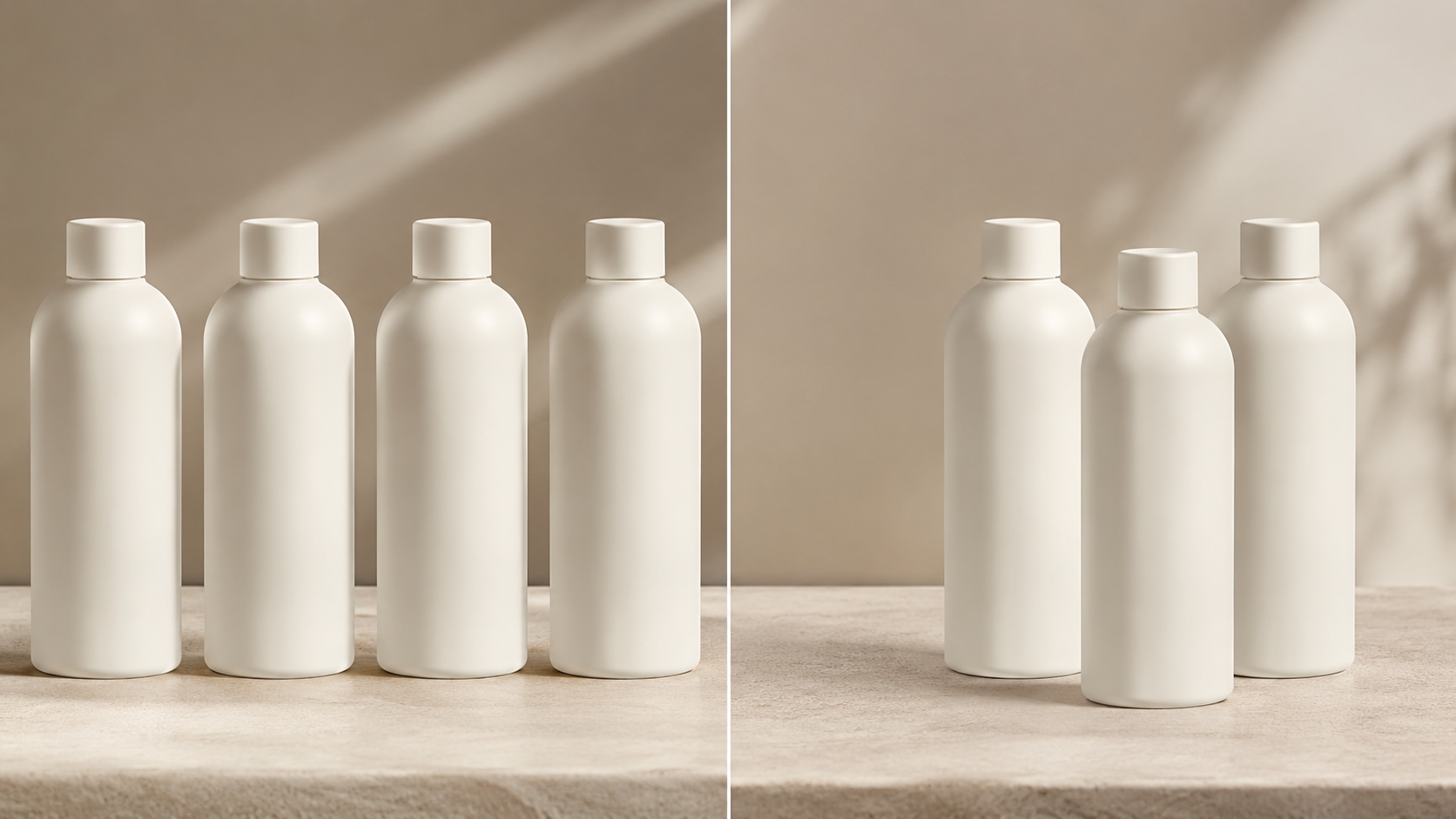 Polished product still life that fails prompt adherence with wrong bottle count and centered layout.