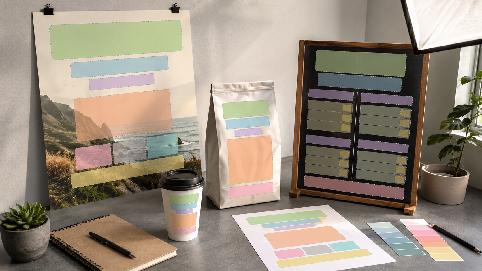 Poster and package mockups with protected zones for text placement in AI images