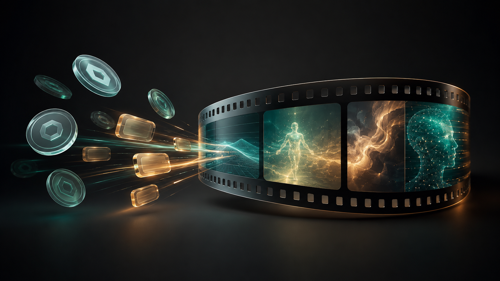 Abstract virtual currency tokens feeding AI video frames for Kling AI pricing credits concept
