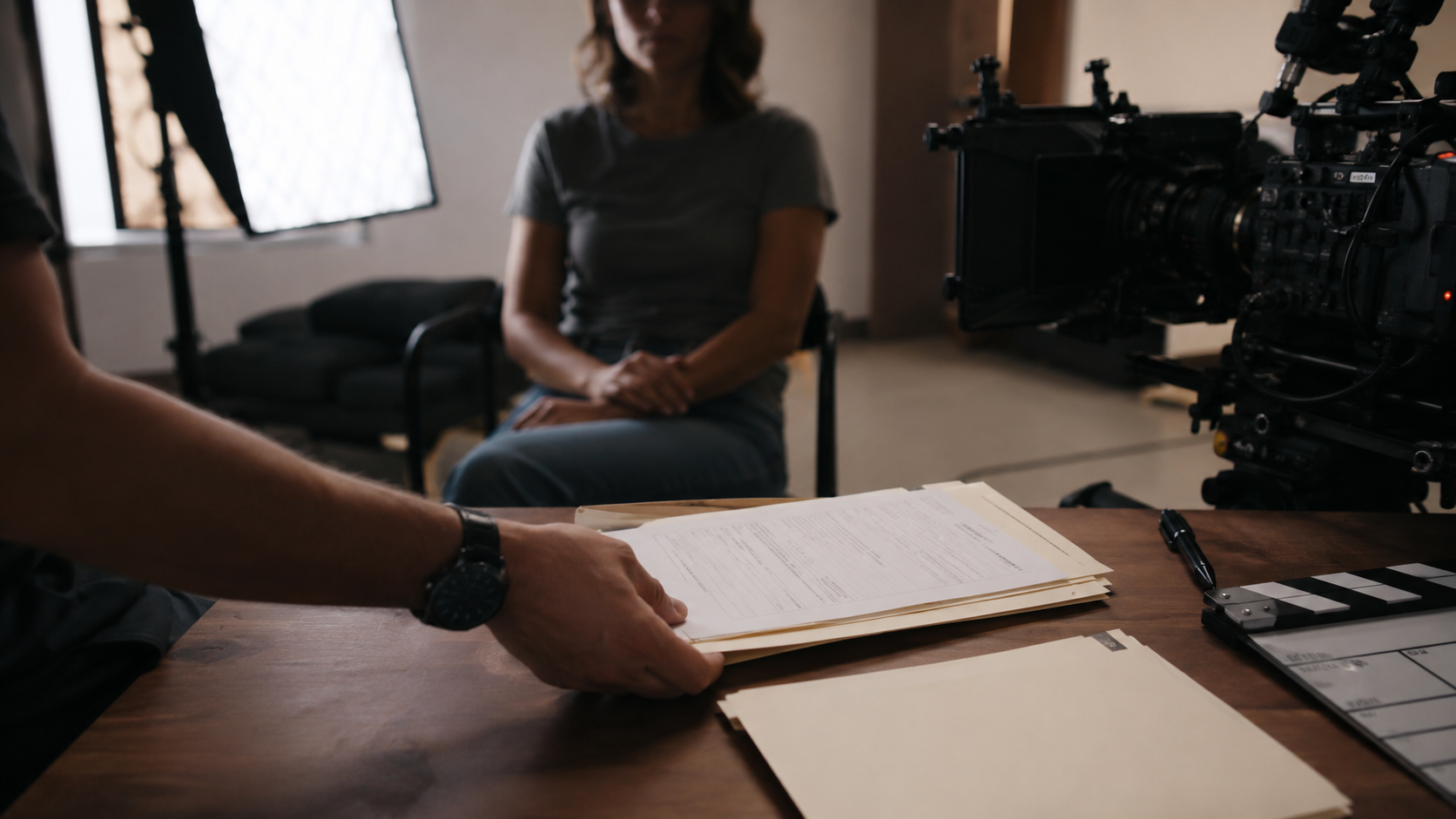 Talent consent documents placed before camera gear for AI video likeness rights