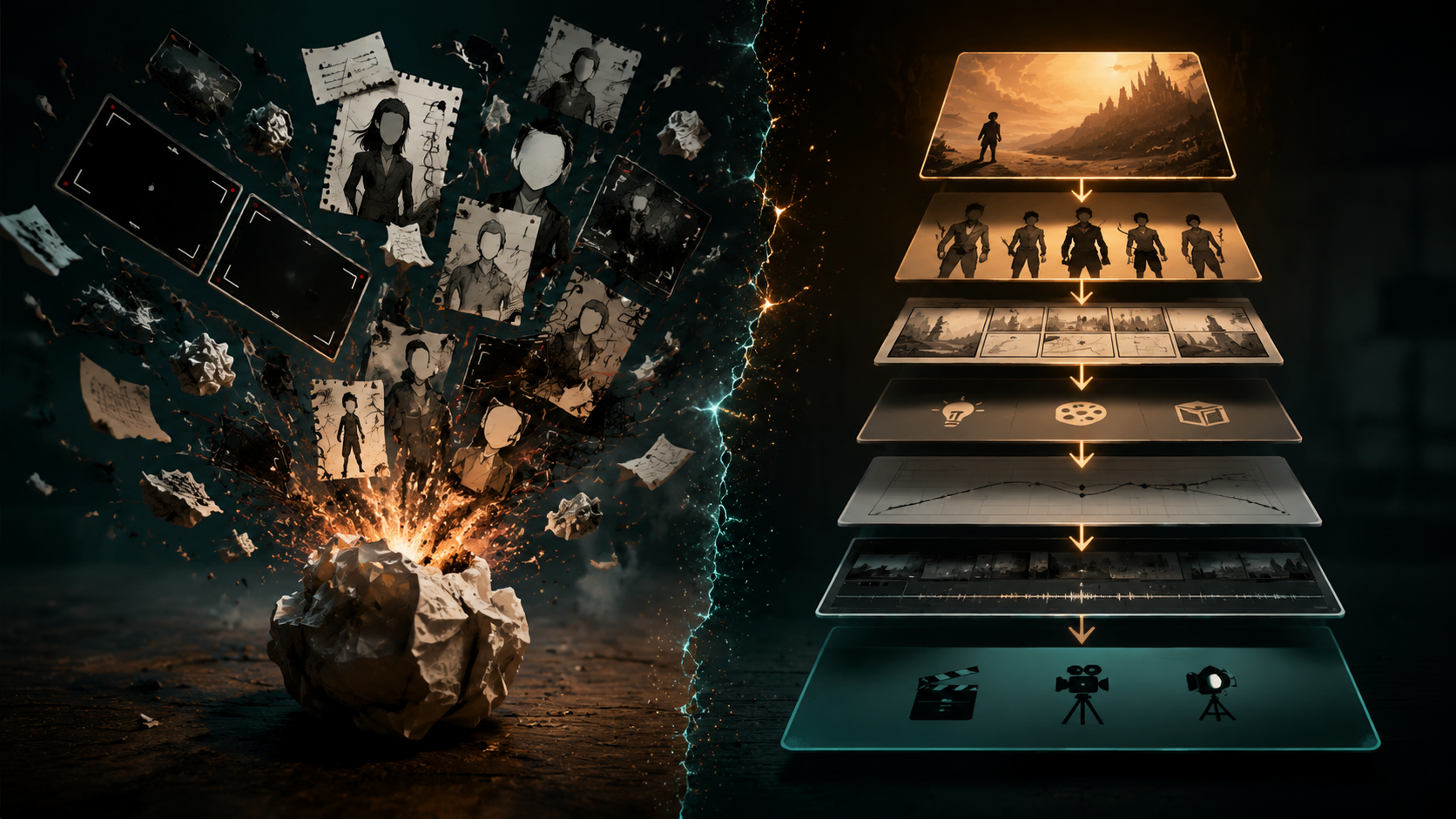 Collapsed one-shot story draft versus layered AI story generator prompts workflow contrast