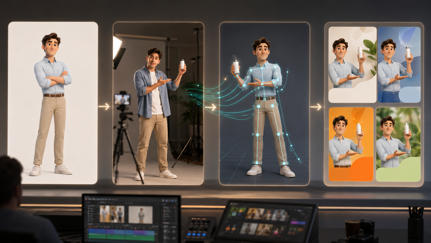 Four-part production system for AI motion control for character ads with character still and reference performance