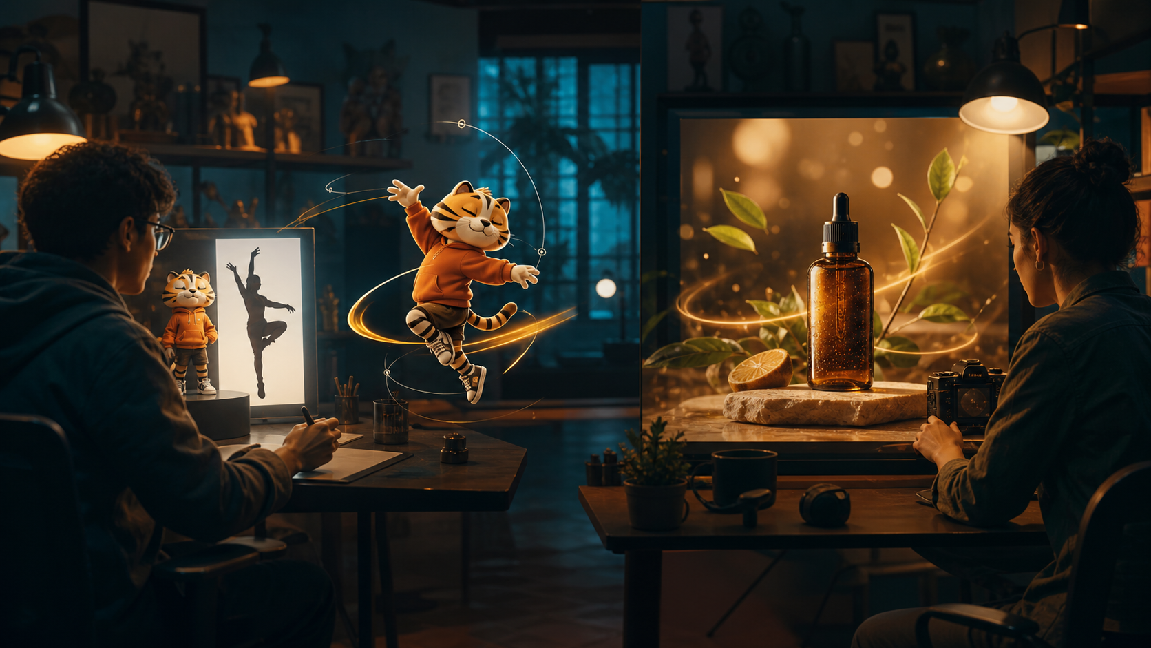 Creator animating a character image for dance transfer next to a marketer bringing a product still to life