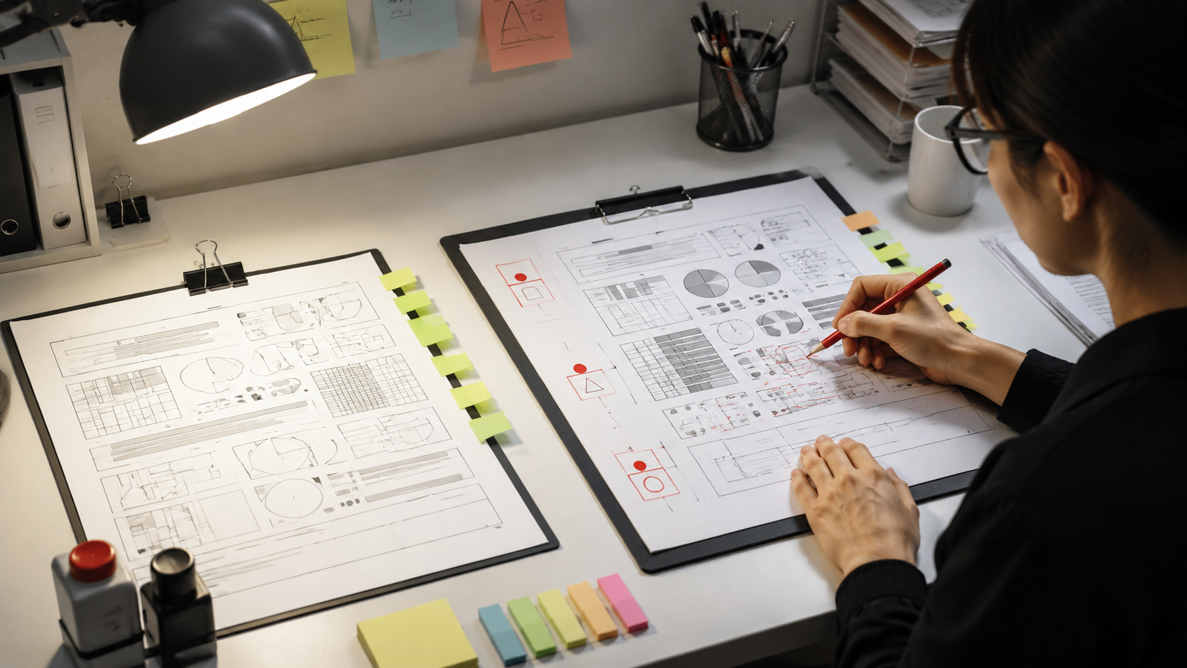 Pre-publish AI infographic fact checking audit desk with source sheet comparison