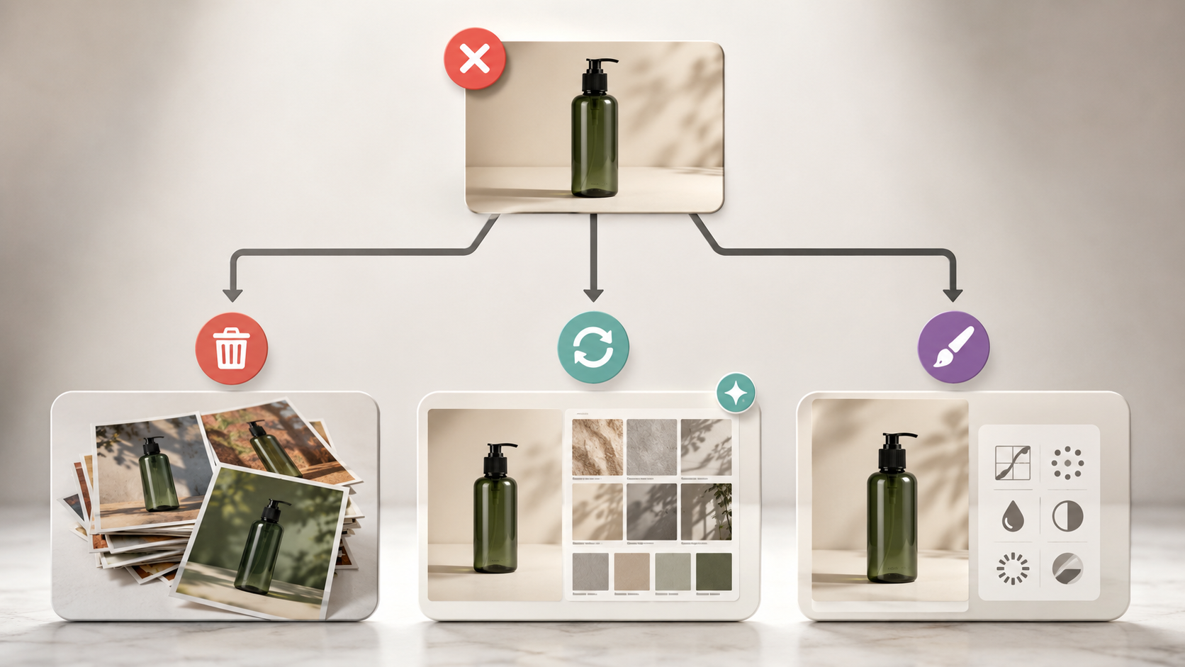 Reject, regenerate, or retouch decision path for consistent AI product images.