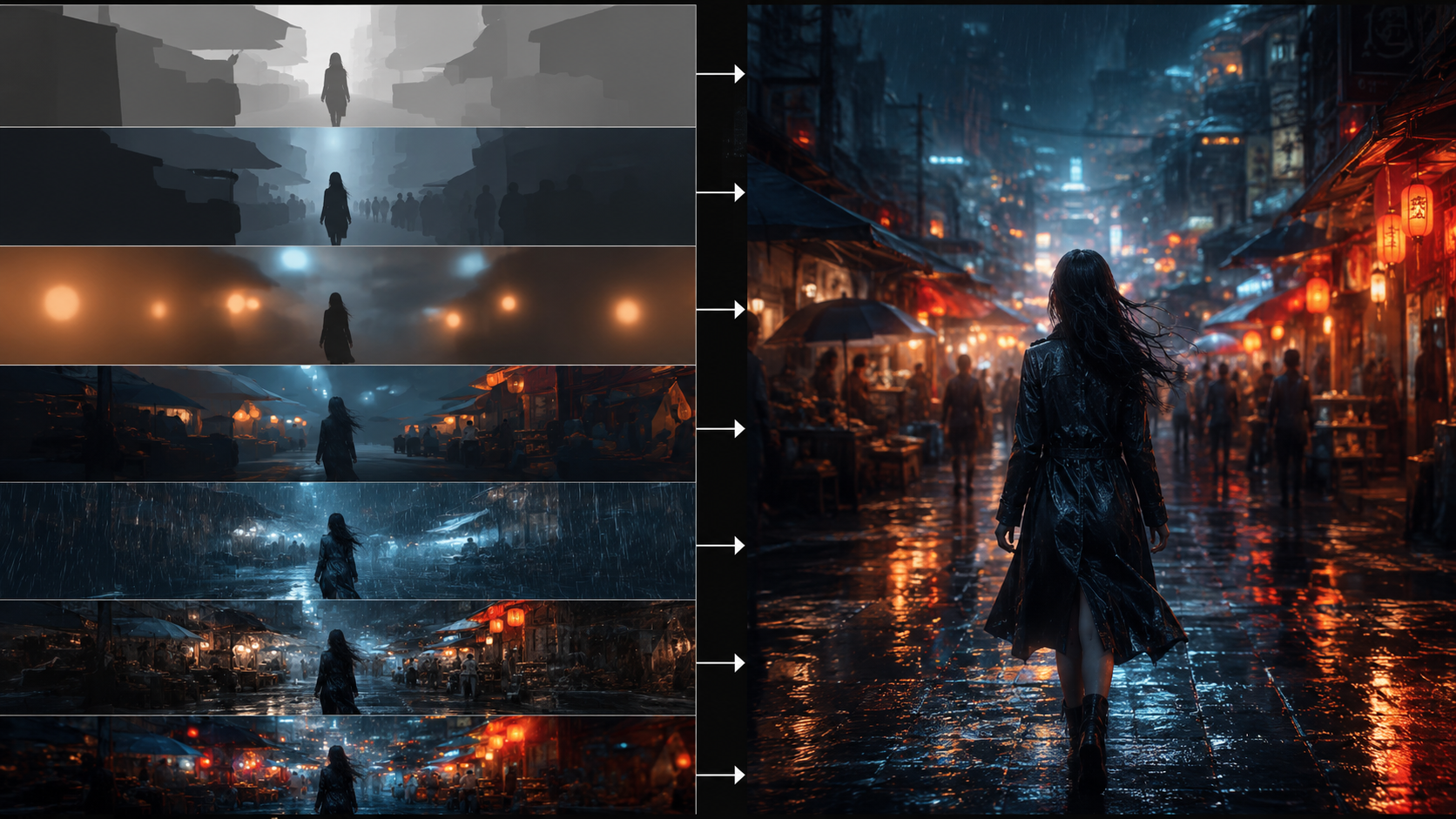 Layered shot-brief construction showing text-to-video prompts building scene and motion