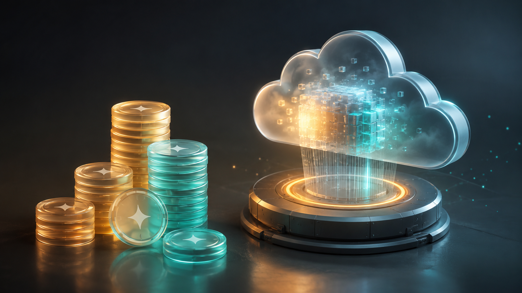 Monthly Adobe Firefly credits as glowing tokens metering cloud generative compute