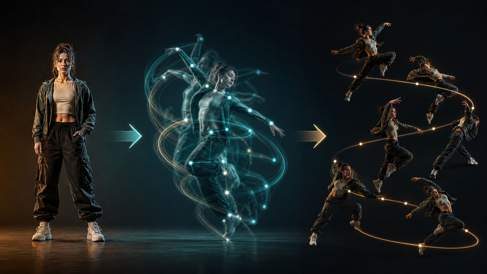 Split concept of a character still beside a performance clip for AI motion control with a motion reference video