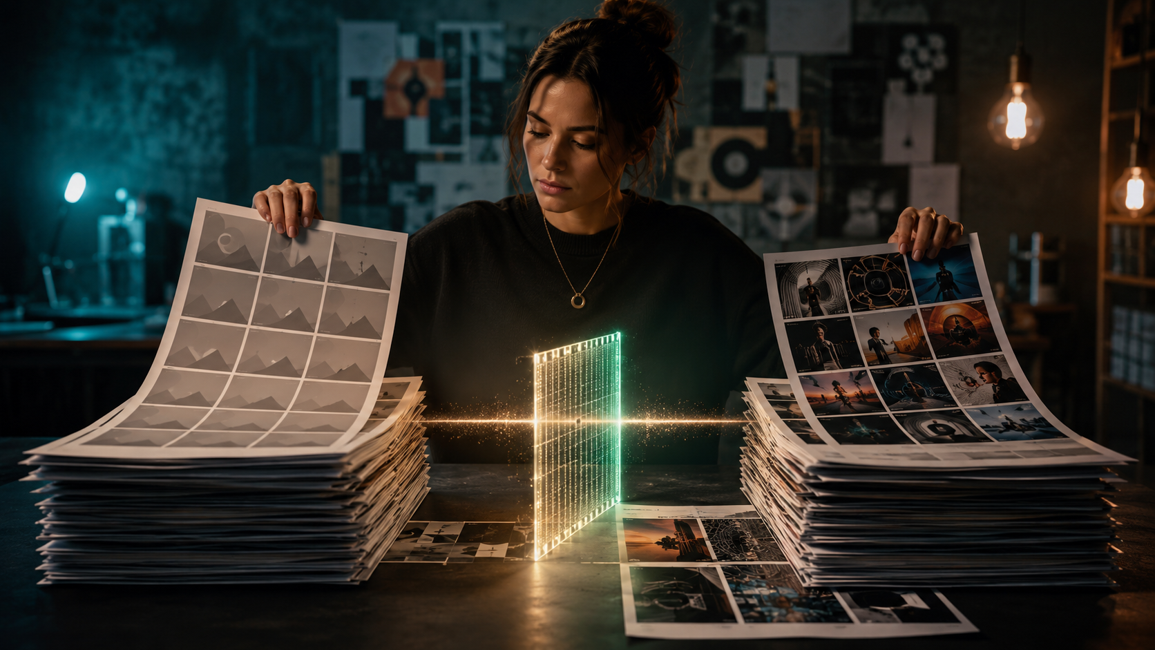 Creator sorting quality posts from low-value AI slop at a review station