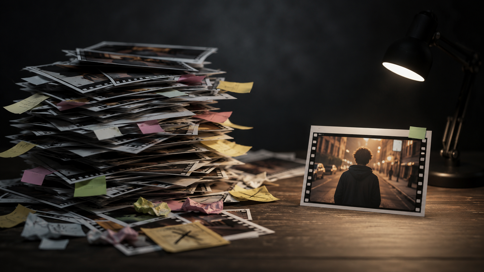 Pile of discarded AI video drafts versus one approved final clip illustrating why iteration burns credits