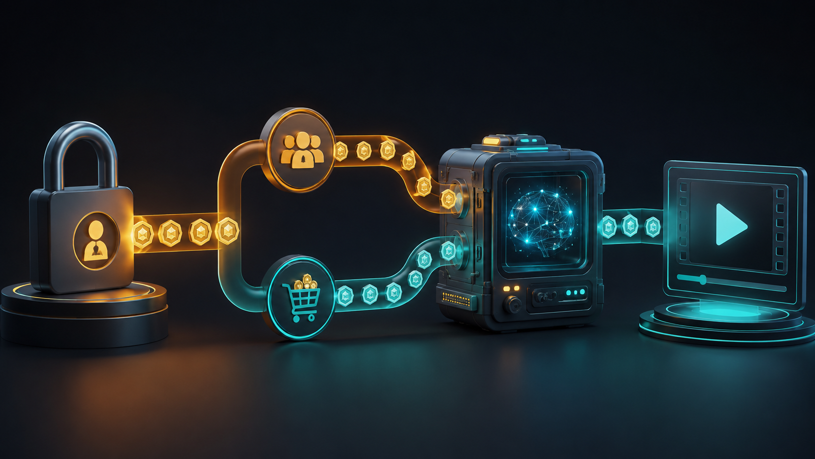 Virtual credit tokens flowing into a generation pipeline for the Kuaishou Kling credit system