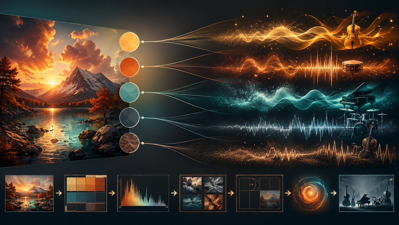Visual cues flowing into musical energy for image to music AI mapping