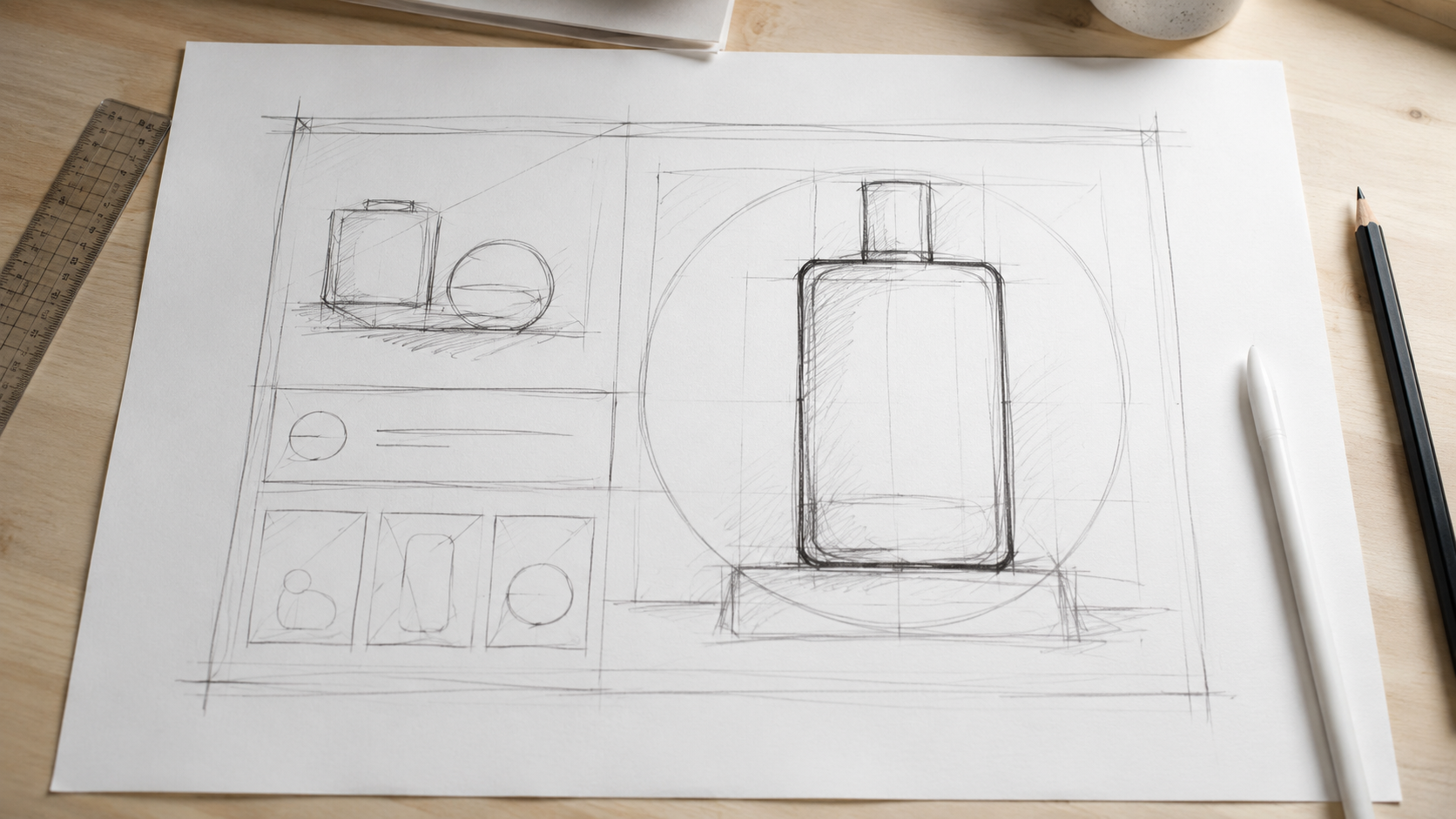 Rough wireframe marks locking blocks, silhouettes, margins, and one focal zone for Sketch Editing
