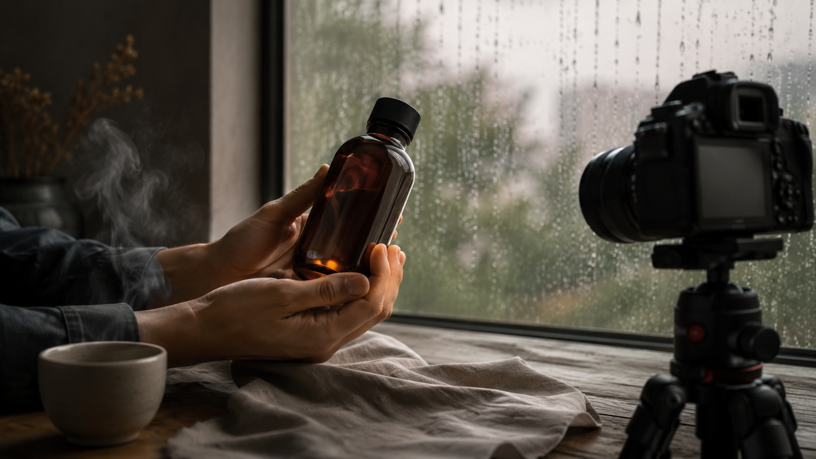 Hands rotating a bottle under a fixed camera for static camera AI video prompting