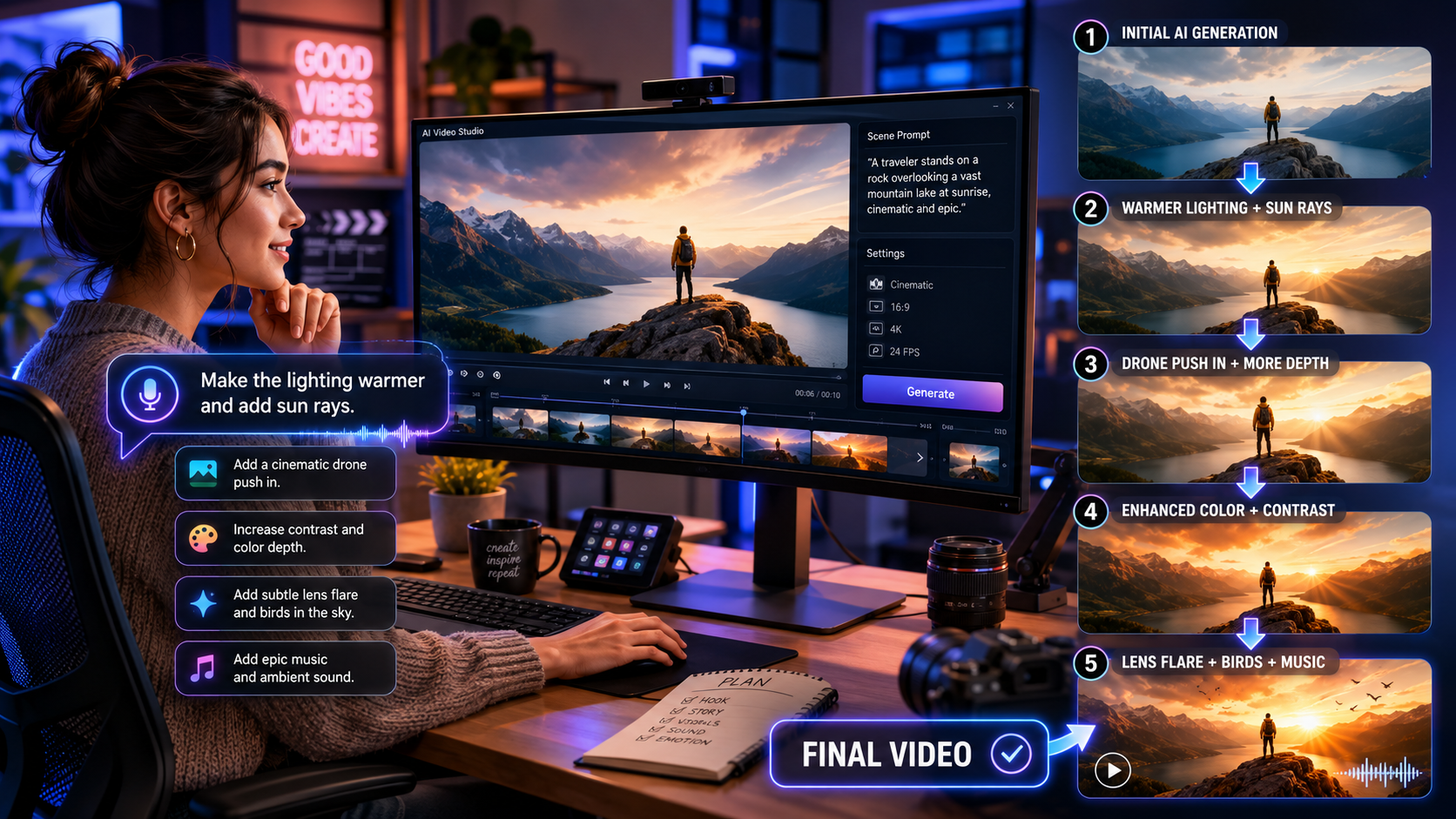 Creator using conversational prompts to refine AI video edits