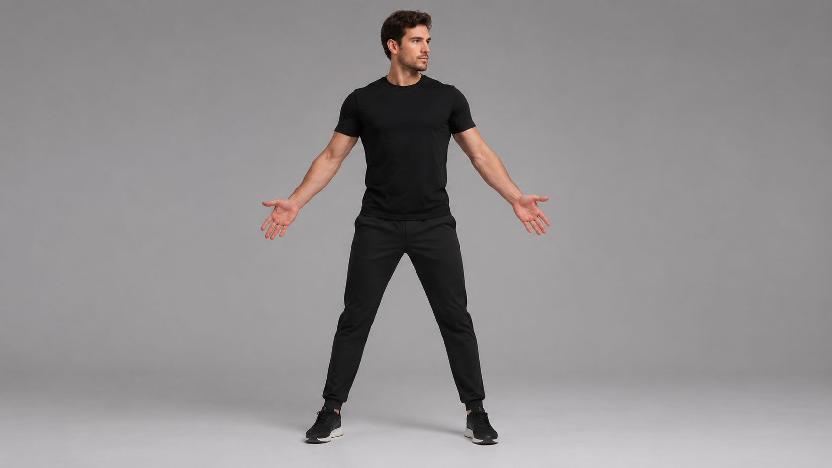 Solo full-body performer under even light for stable motion transfer video selection