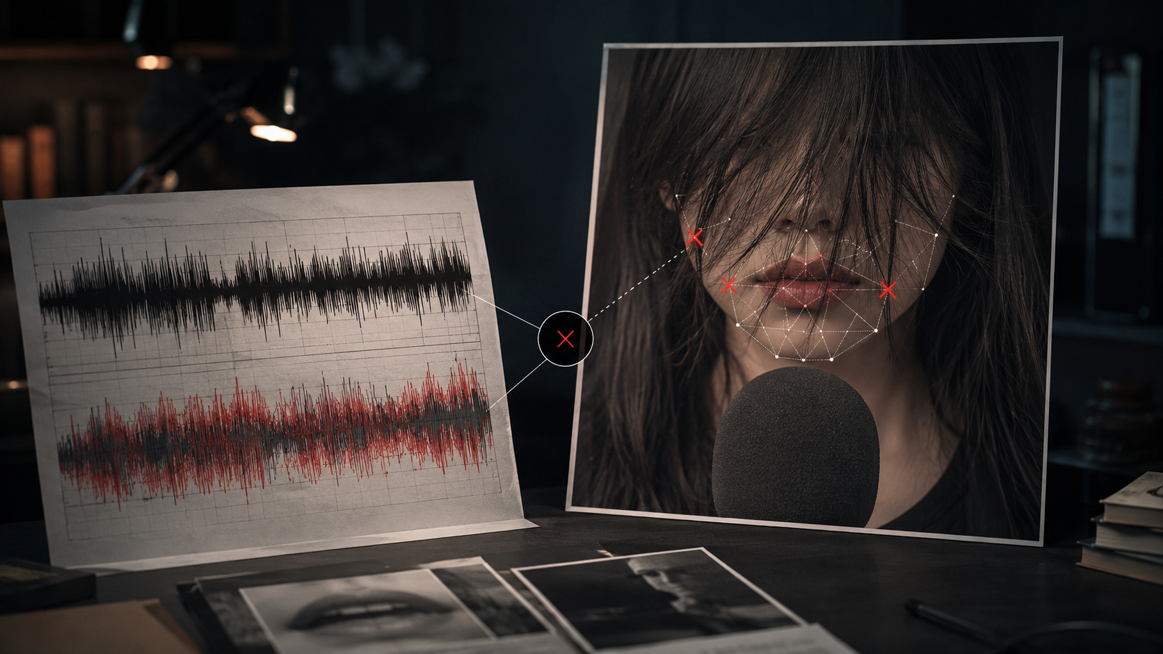 Diagram-style scene of weak audio and occluded face inputs causing AI lip sync not working before generation