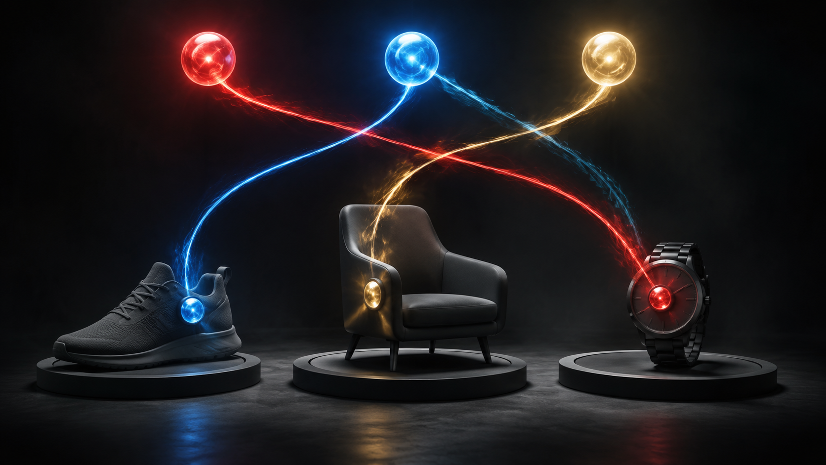 Abstract multi-object scene showing weak prompt adherence when attributes detach from subjects.