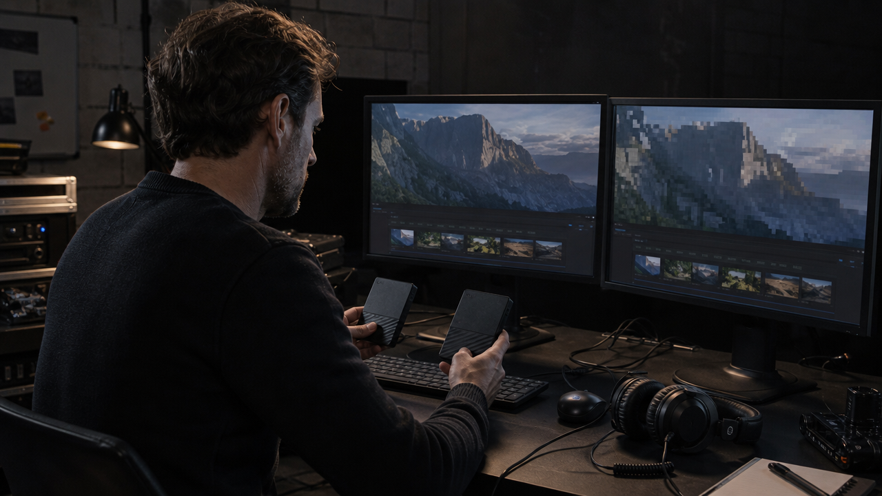Editor choosing the cleanest master file before a natural AI video upscale