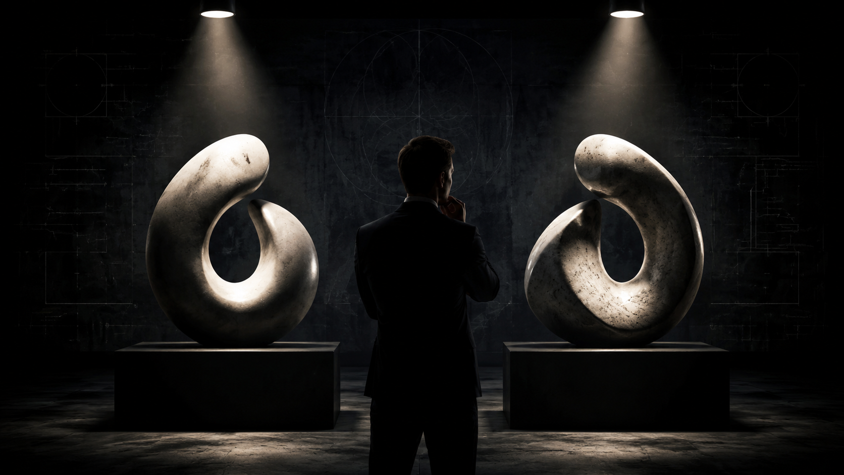 Professional observing two abstract forms in controlled workspace