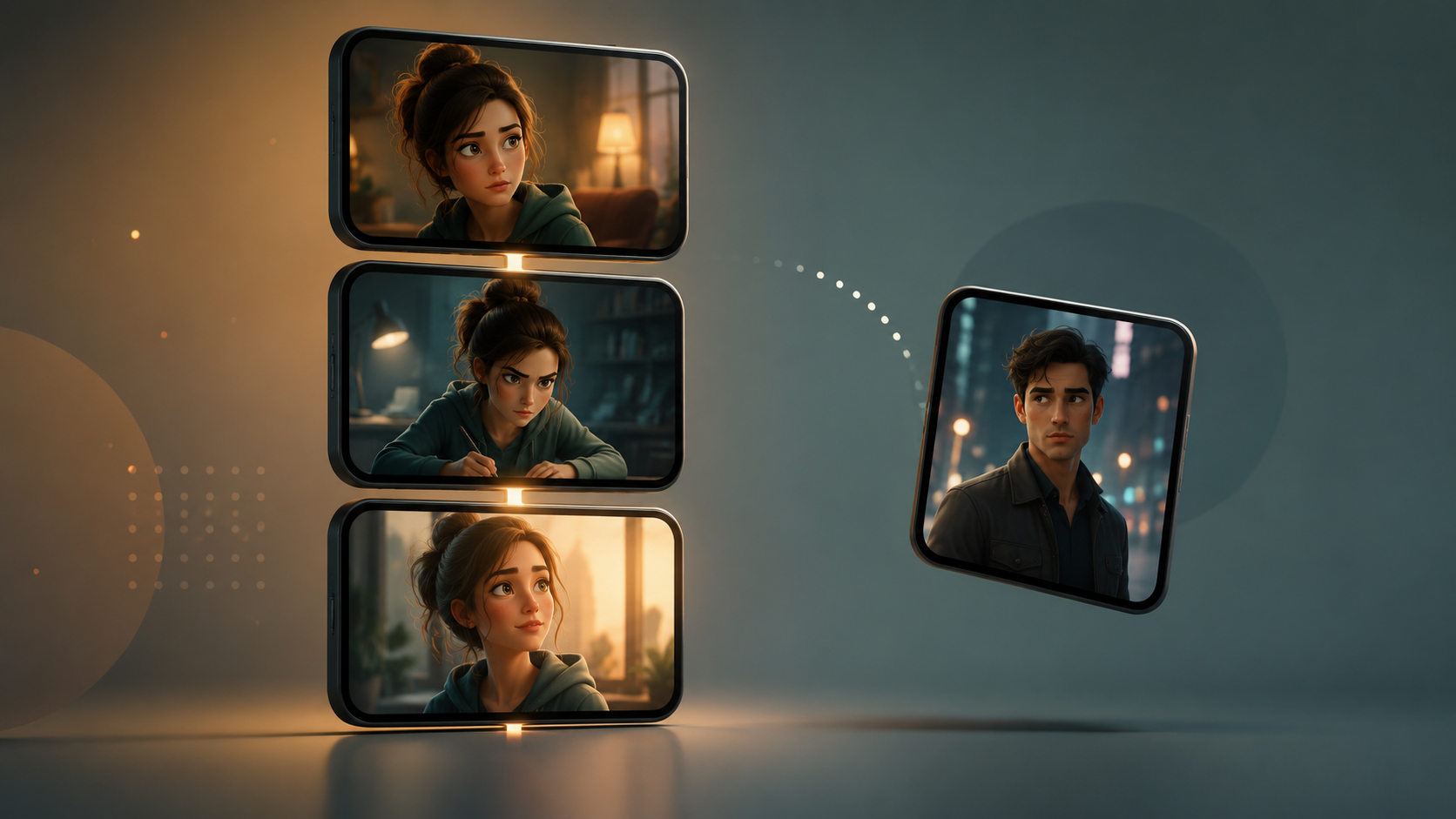 Serialized AI microdrama concept showing linked vertical episode frames versus a single isolated clip