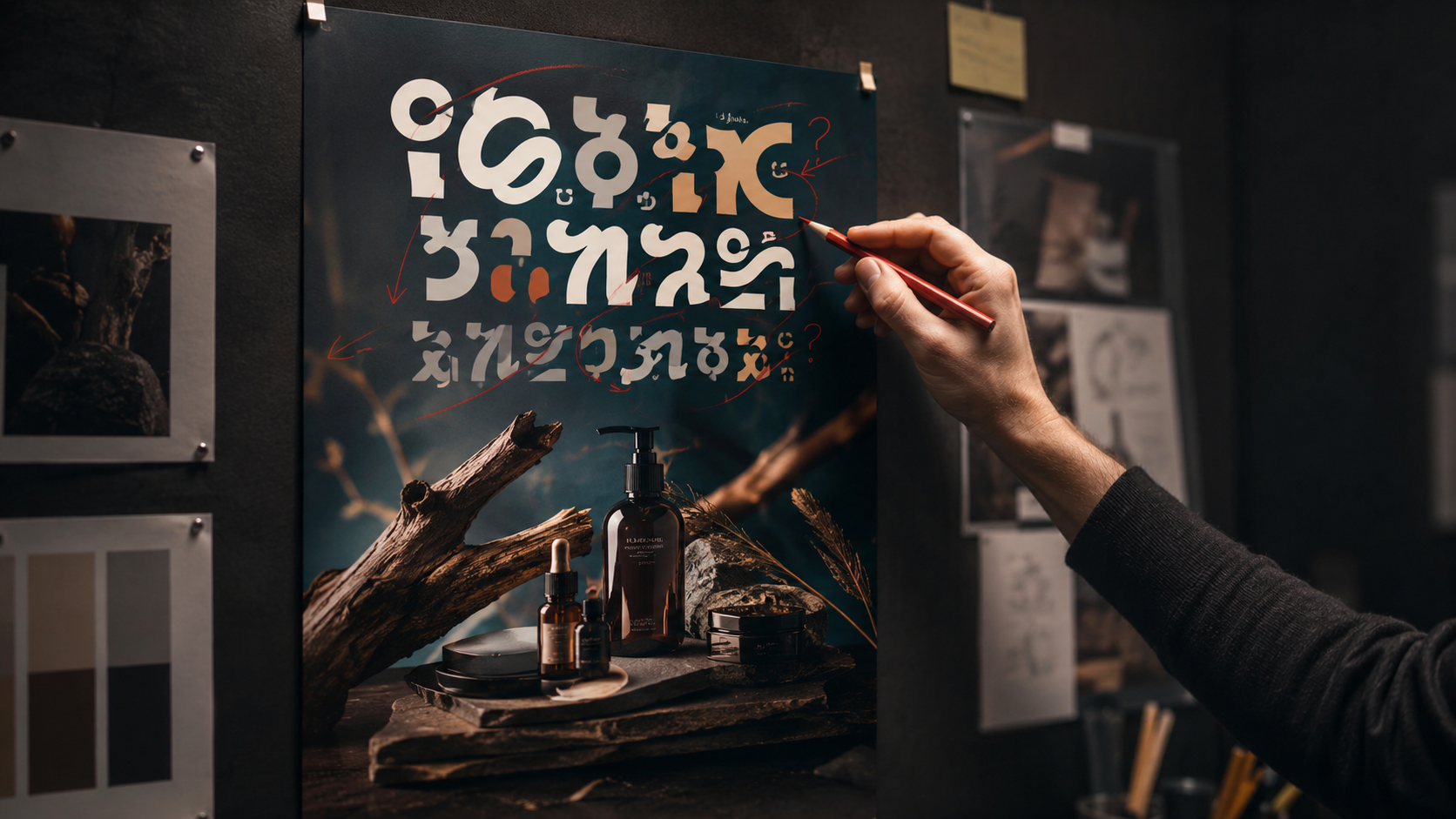 Almost-finished poster mockup with broken AI image text rendering shapes blocking handoff