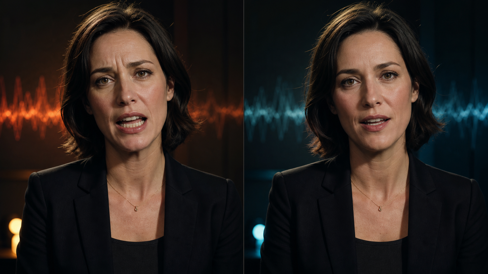 Side-by-side concept of a forced dubbed mouth versus natural multilingual AI lip sync timing