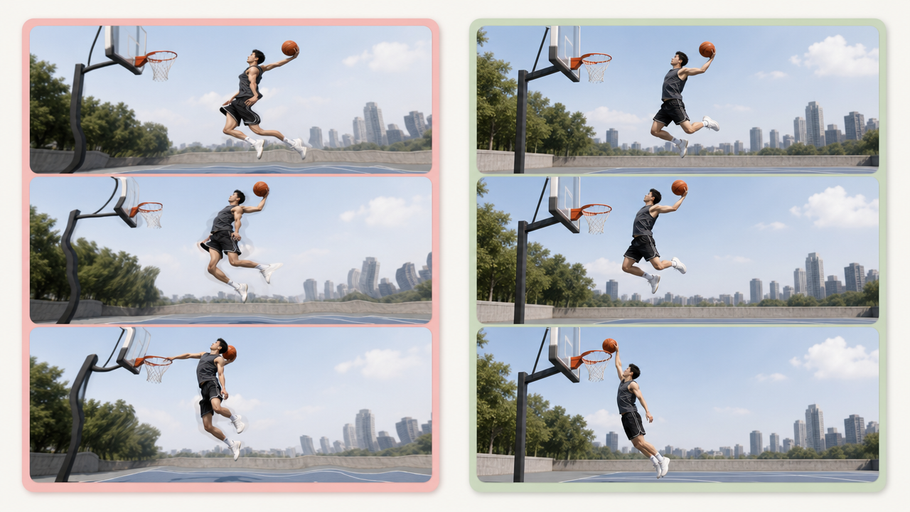 Side-by-side comparison of improved motion consistency in video generation
