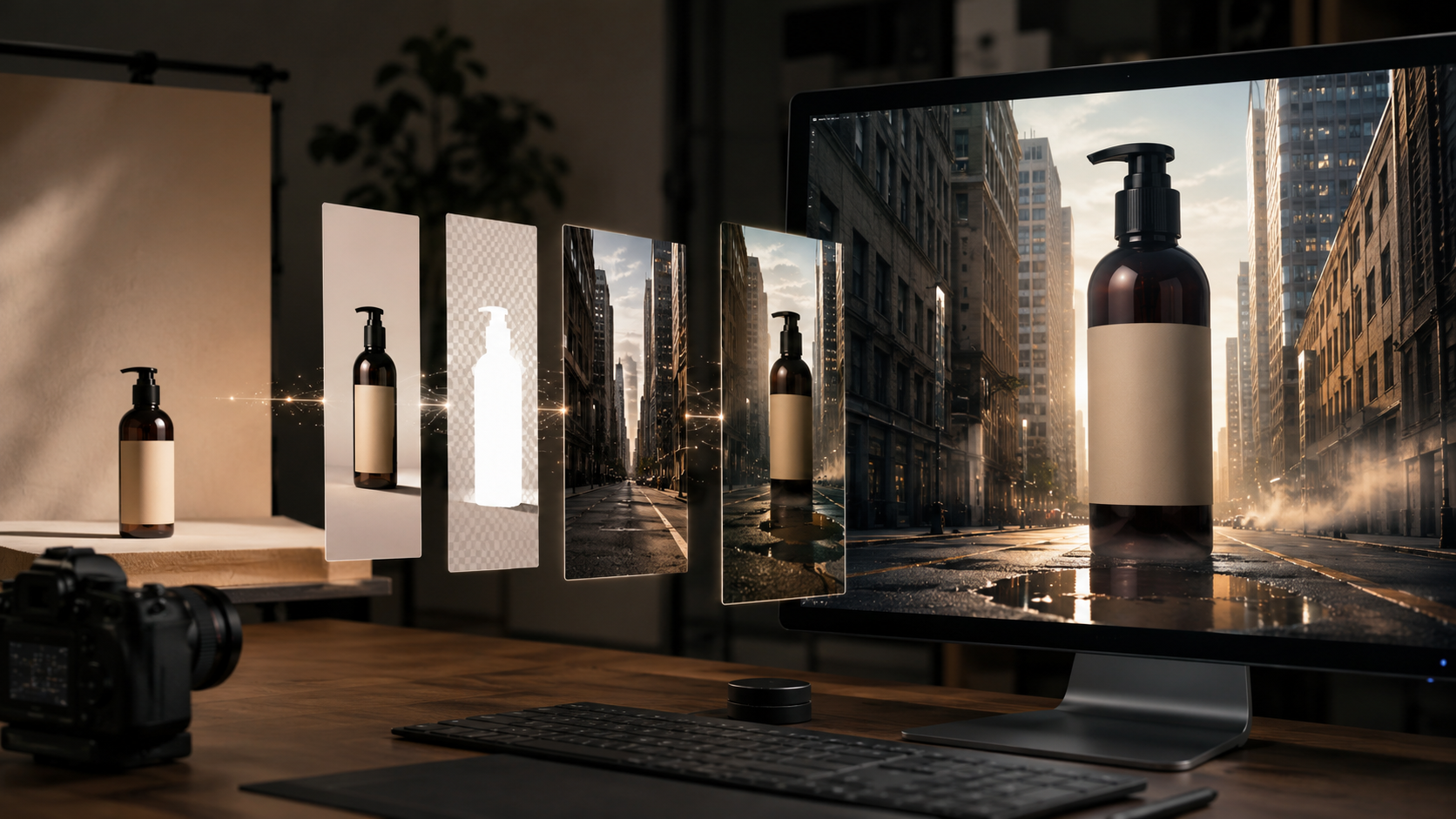 Single product reference flowing into scene design for AI FOOH ads workflow