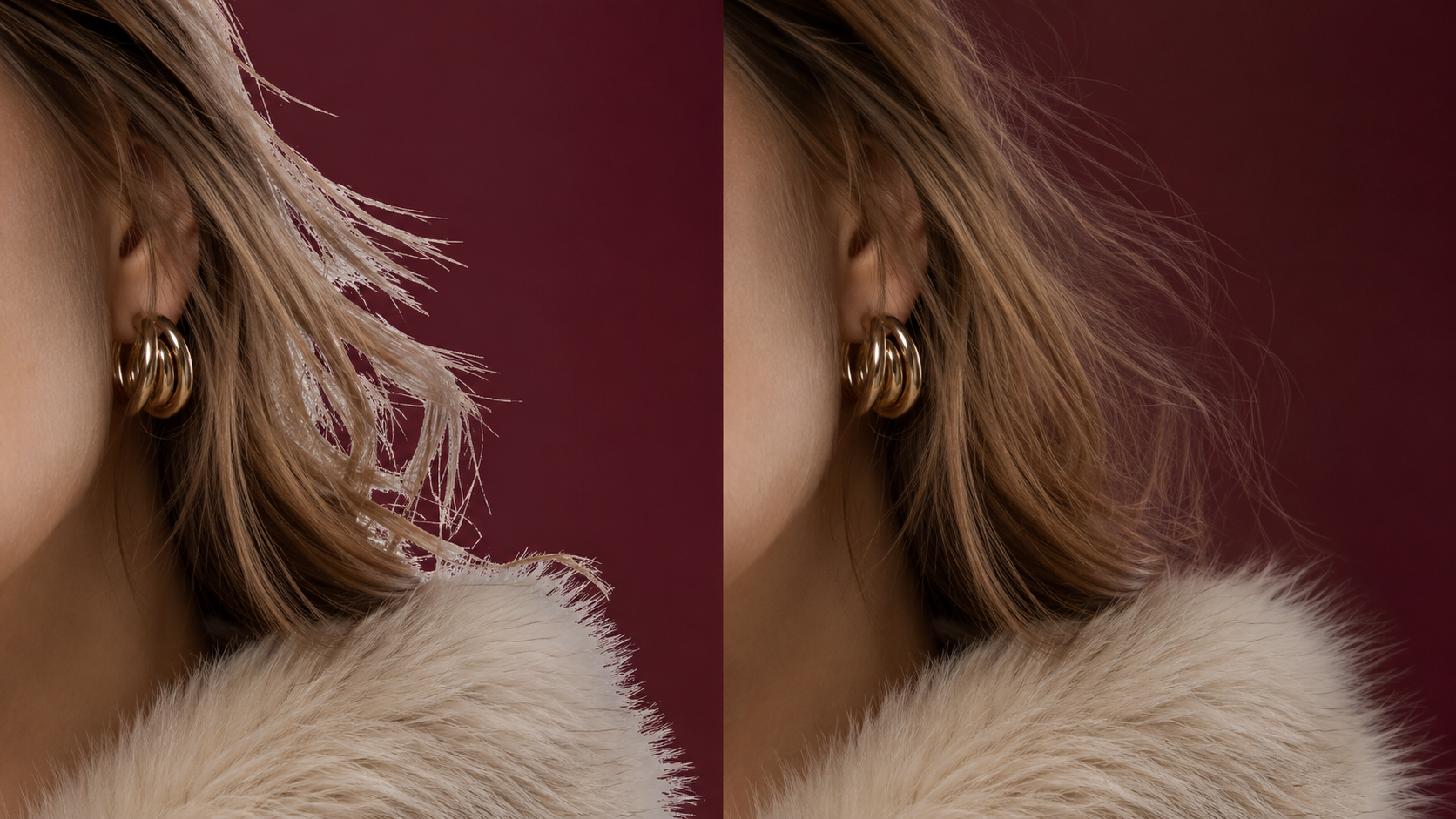 Soft hair and fur edges damaged by hard AI background removal masks