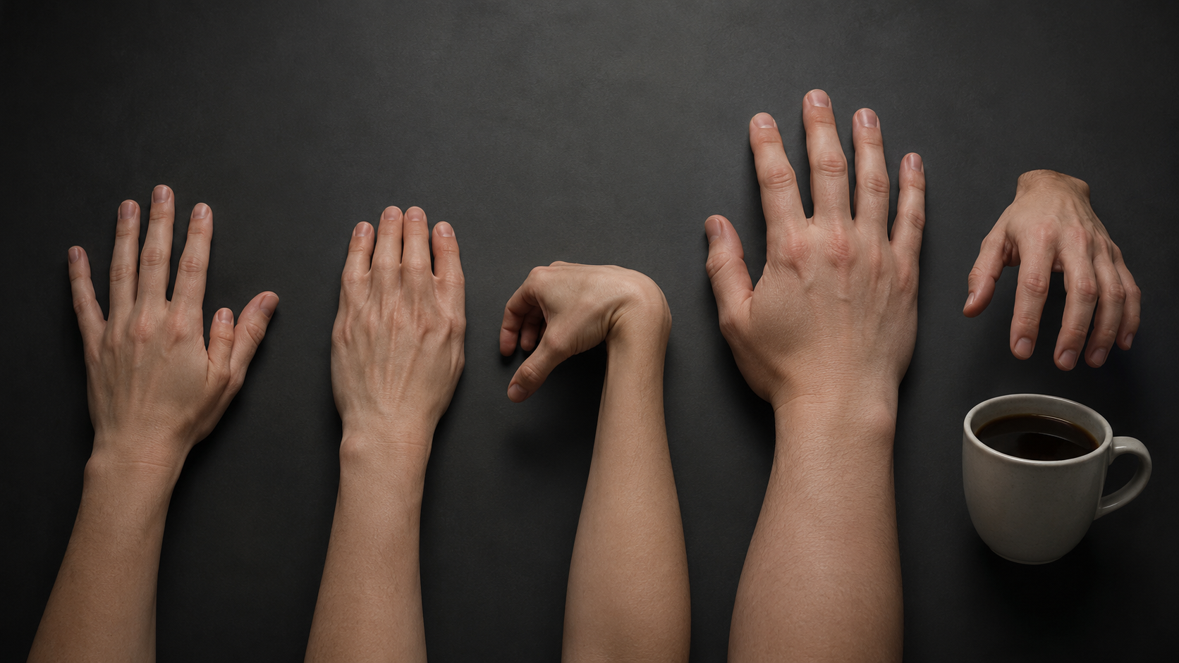 Five hand silhouettes mapping common AI hand anatomy failure types