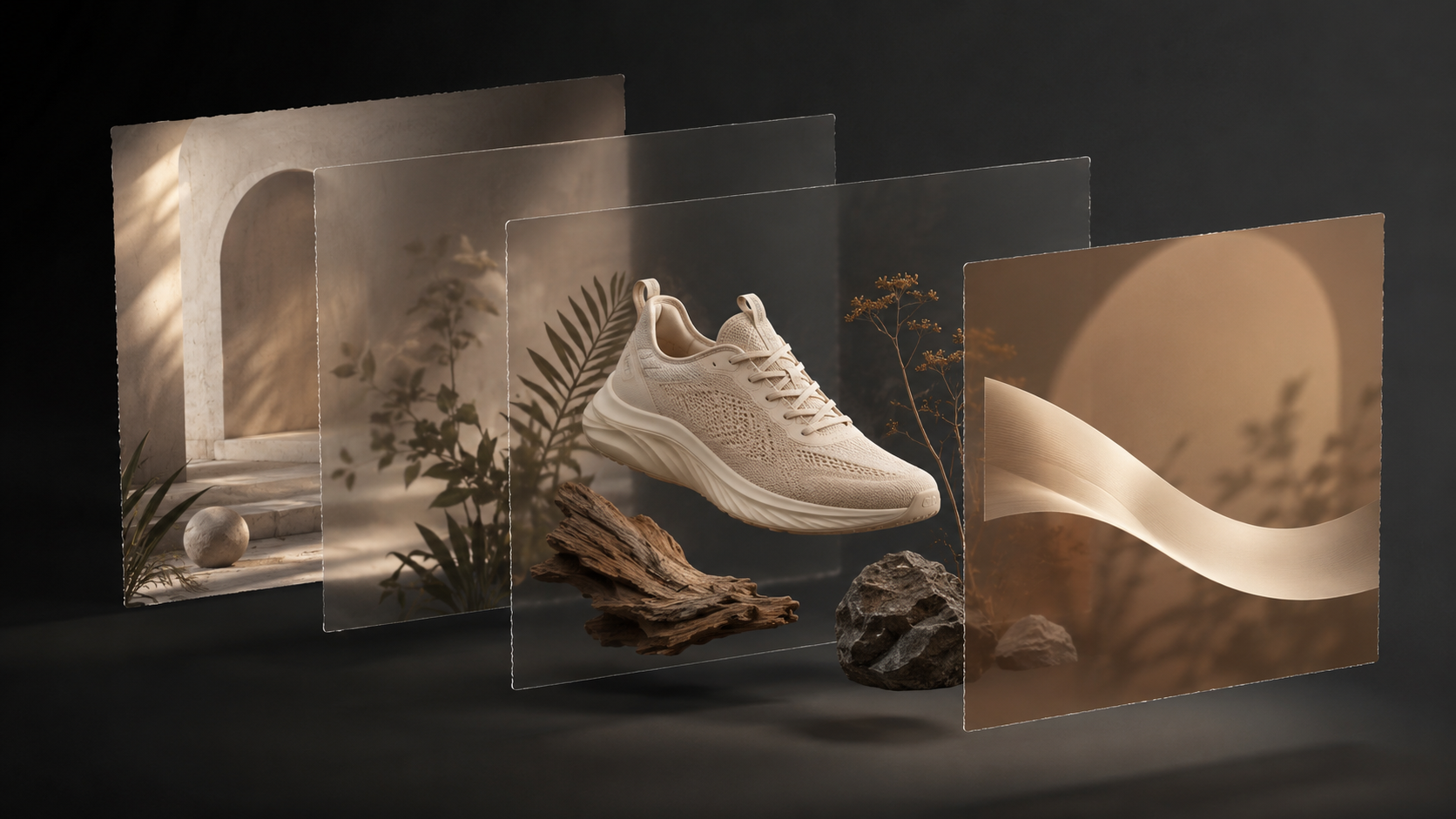 Floating transparent poster planes illustrating Seedream 5.0 Pro Layer Separation as modular design assets.