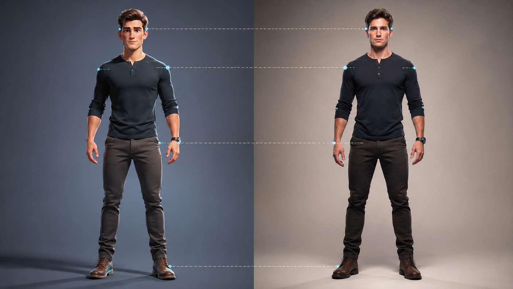 Motion transfer advertising workflow matching pose between character still and reference video