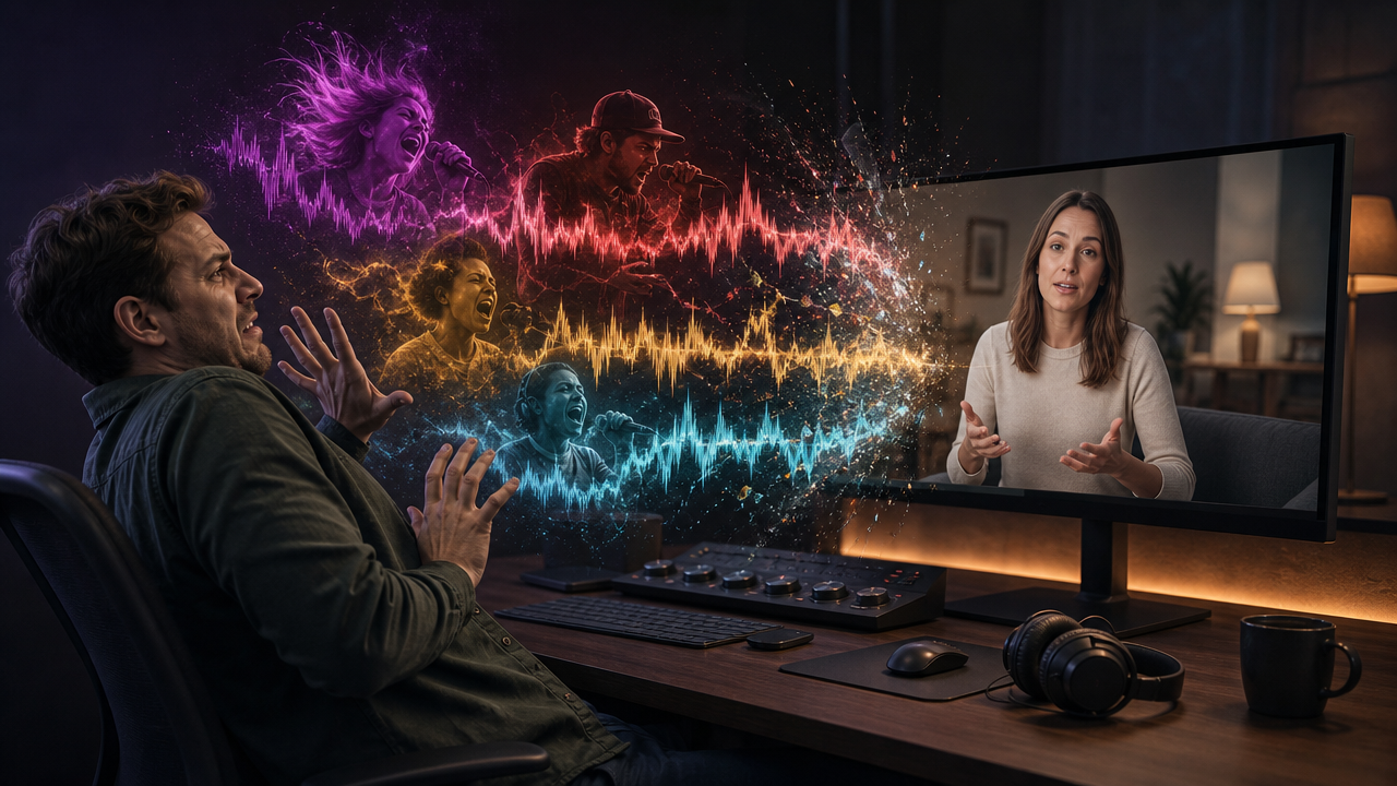 Editor hearing mismatched AI music prompts clash with dialogue on a dark timeline desk