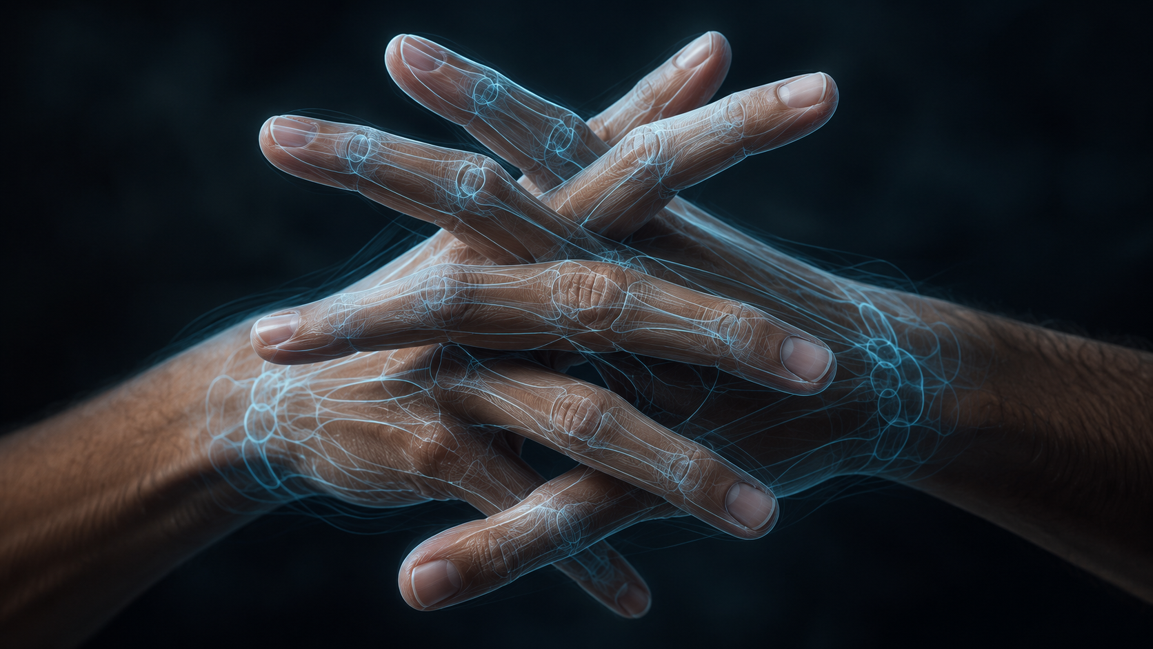 Skeleton pose anchor guiding realistic AI hands on a complex gesture