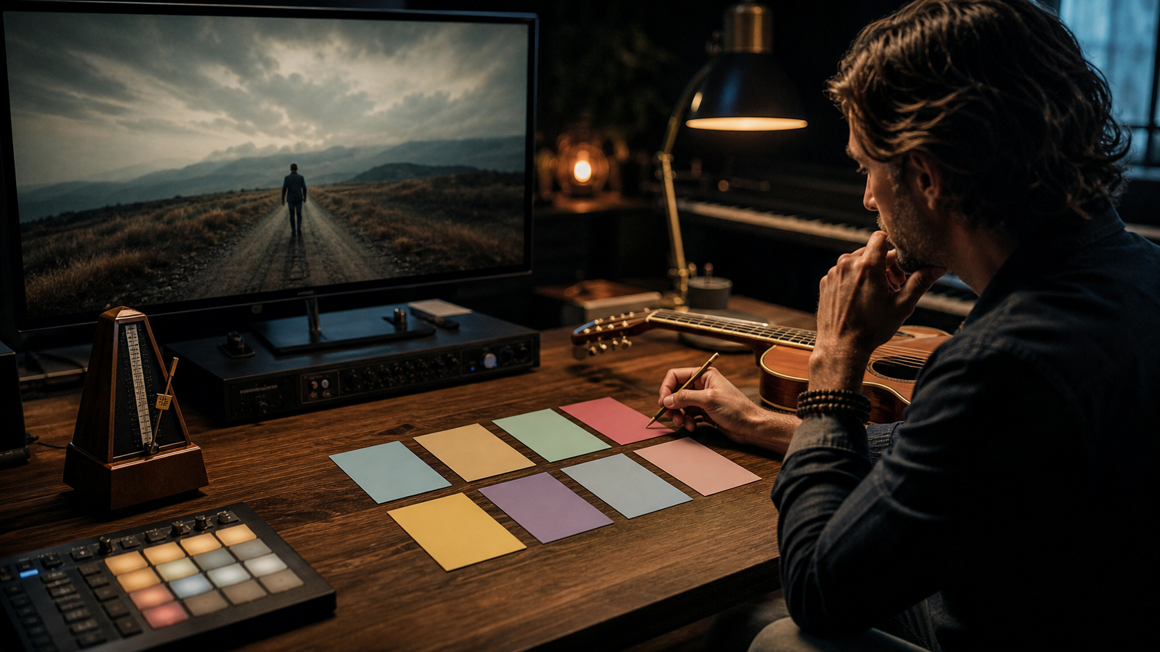 Production brief board showing how structured AI music prompts guide a track