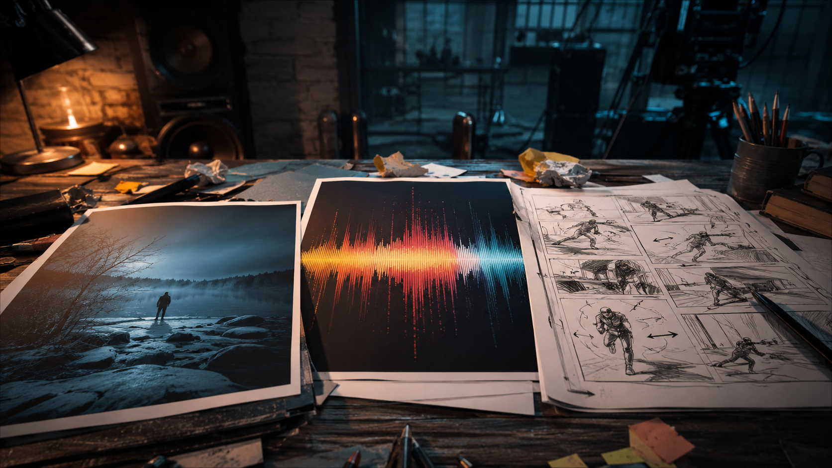 Split production desk showing mismatched still, track, and motion for image to music AI mood drift
