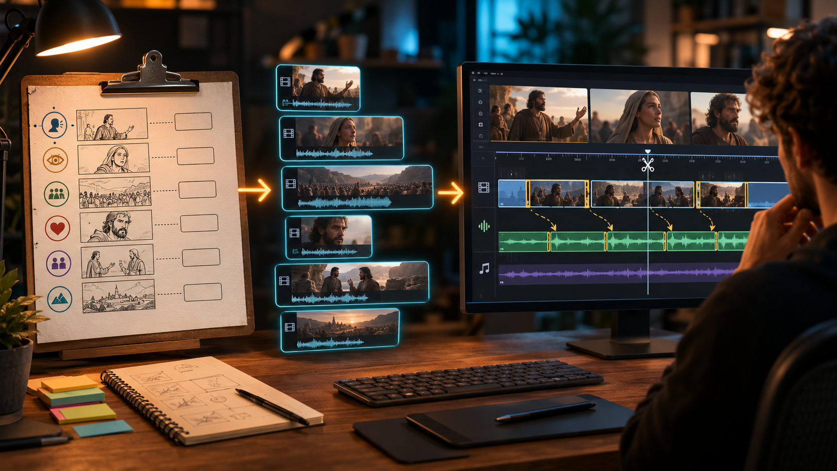 AI storytelling workflow from timed shot list to assembly for AI story video pacing