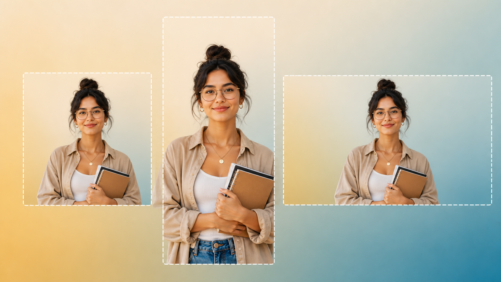 Social media image ratios shown as square, vertical, and wide frames around one hero subject