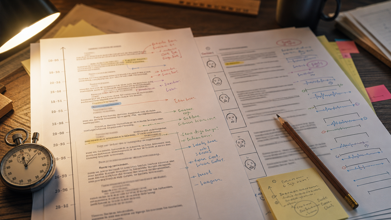 Video dubbing script preparation marked for duration, emotion, and mouth movement