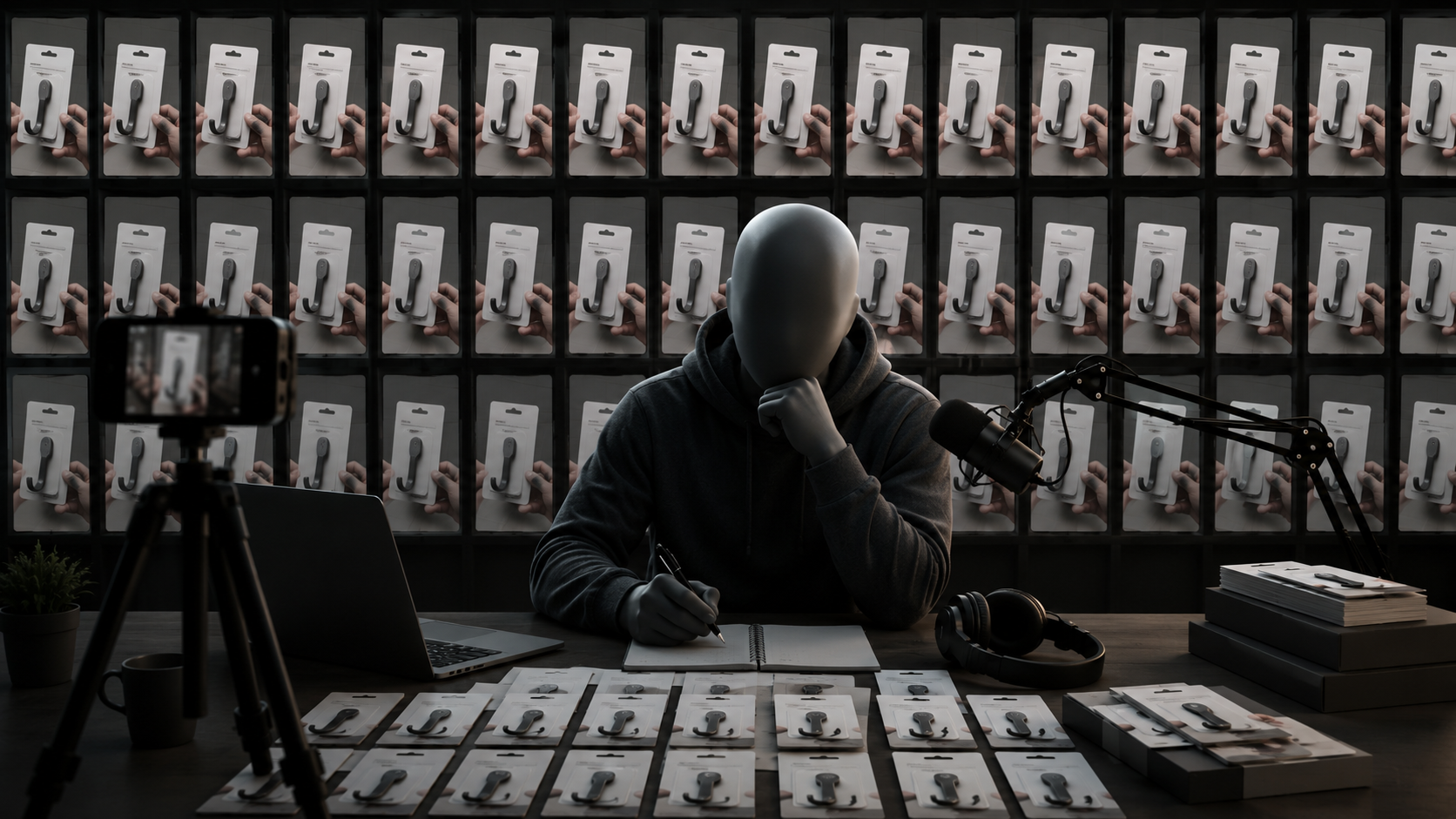 Failure-mode scene of faceless Shorts template farms that put monetize AI videos efforts at risk