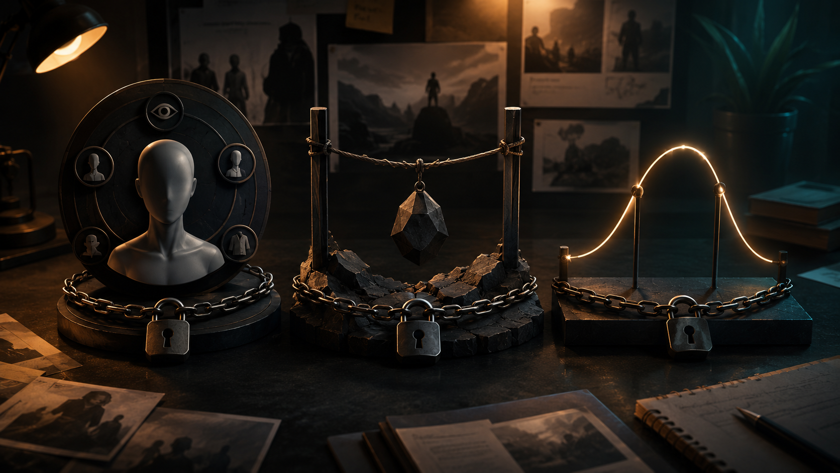 Character anchors, conflict stakes, and emotional arc map for AI storytelling prompts