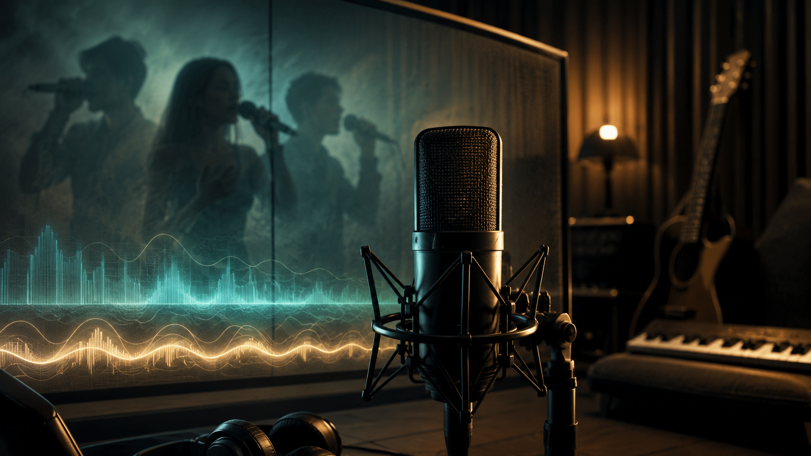 Speech-friendly instrumental AI music bed leaving space under a microphone