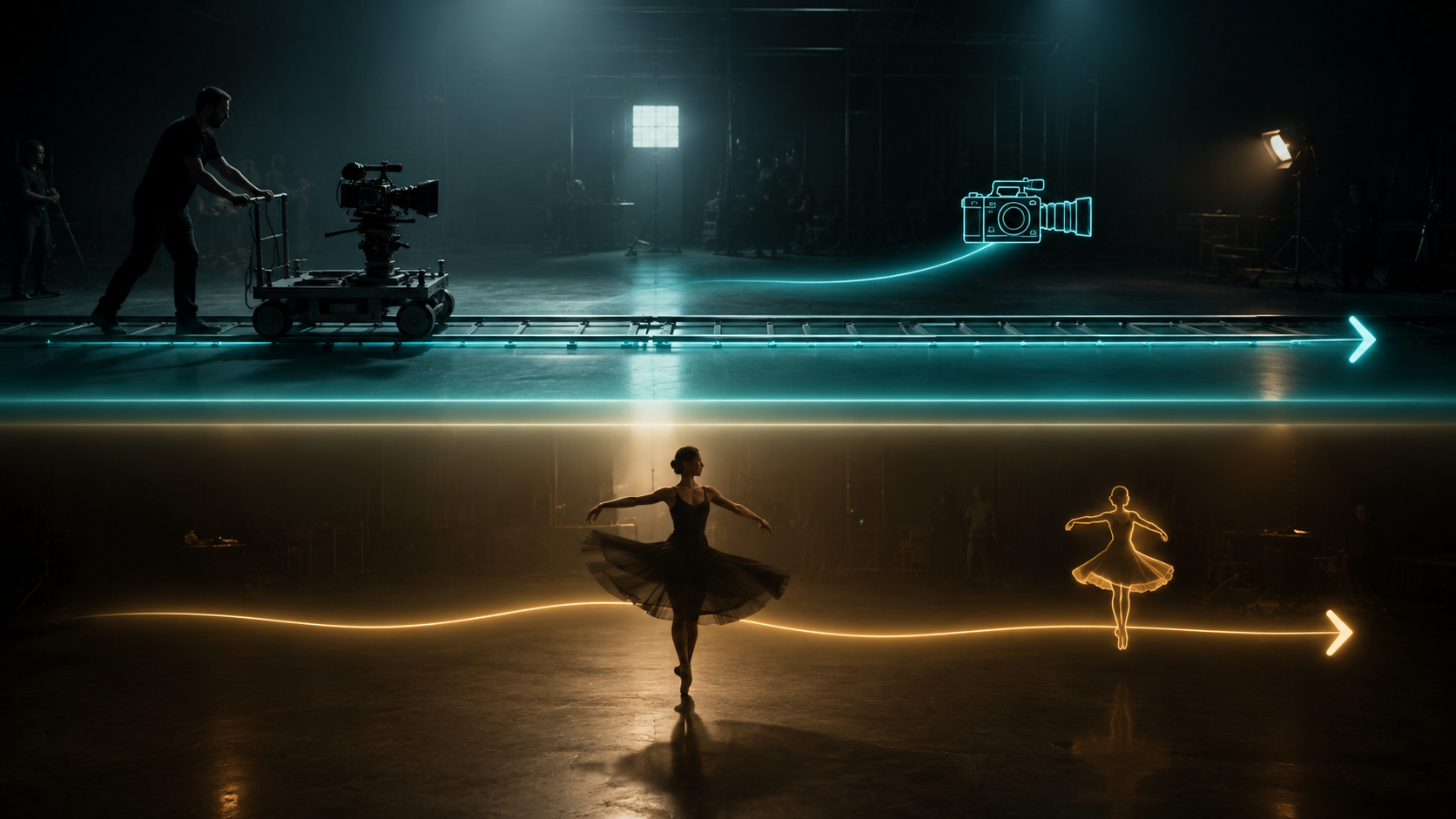 Split prompt diagram separating camera path from subject action for AI video control