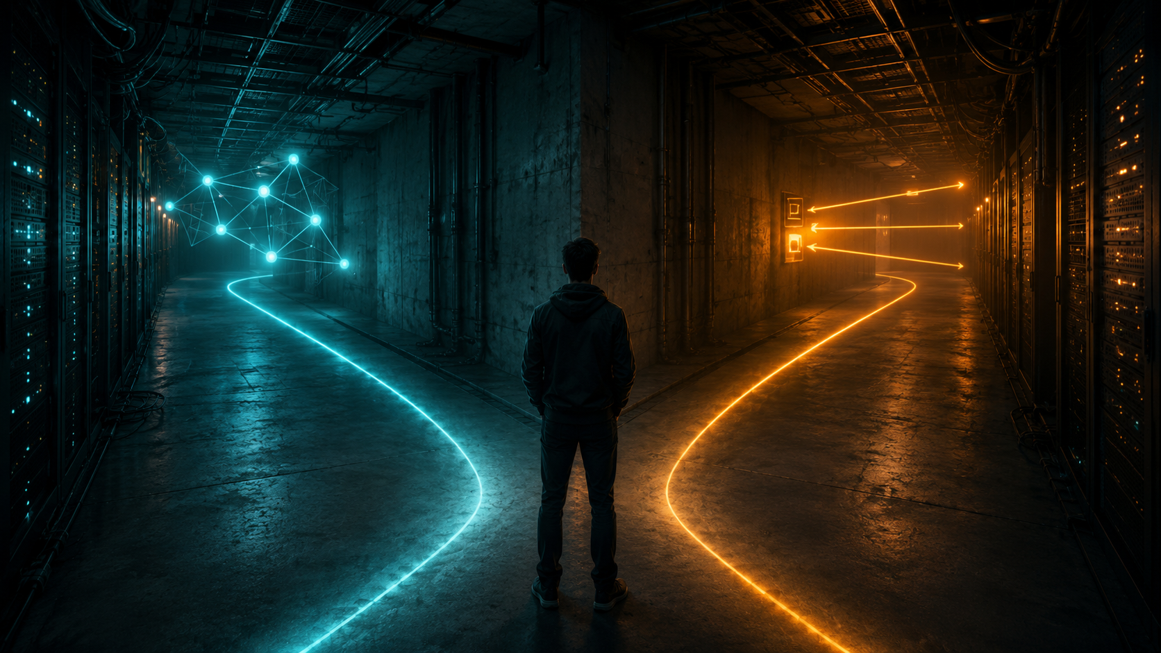 Developer workspace visual for Gemini Interactions API vs GenerateContent API default path choice