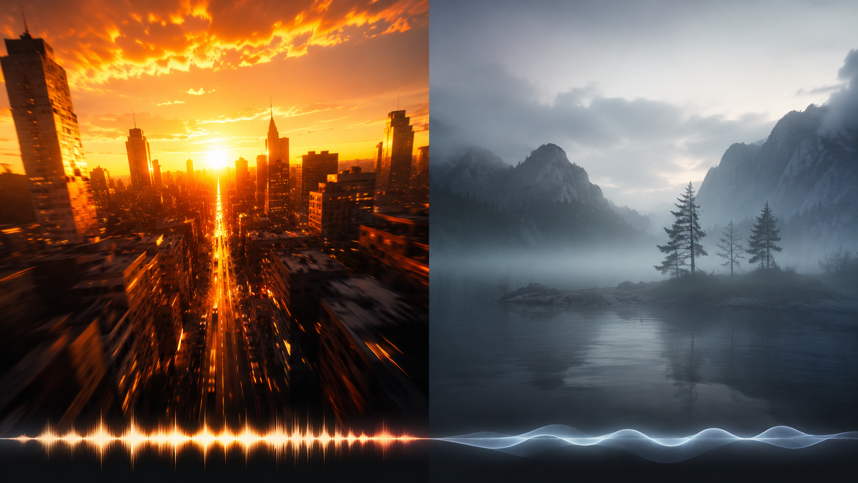 Warm bright palette versus muted low-contrast frame for image to music AI mood signals