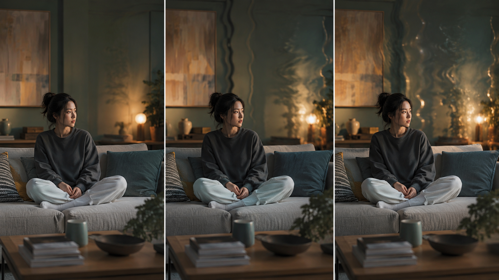 Frame sequence showing AI video background flicker as walls and lights drift while the subject stays clear