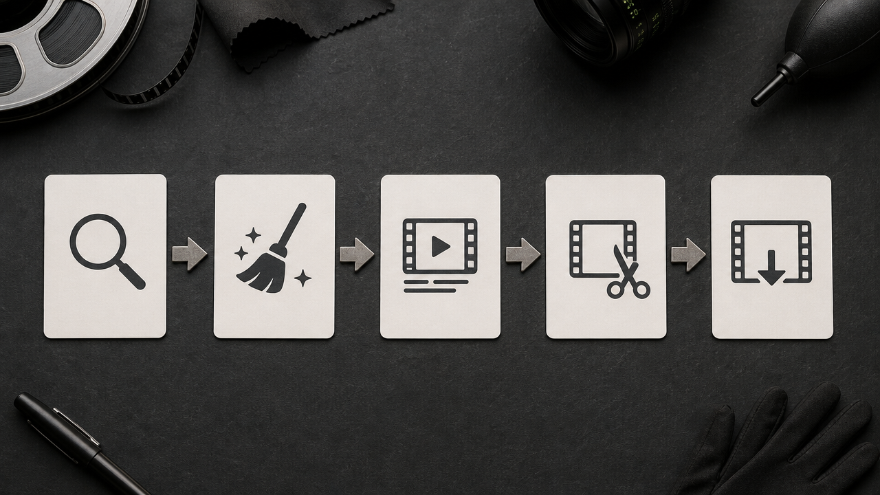 Ordered production pipeline visual for a stable AI video upscale workflow