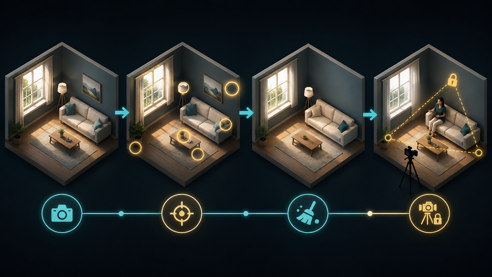 Prevention stack visual for stable AI video backgrounds with clean source, anchors, simple set, and restrained motion