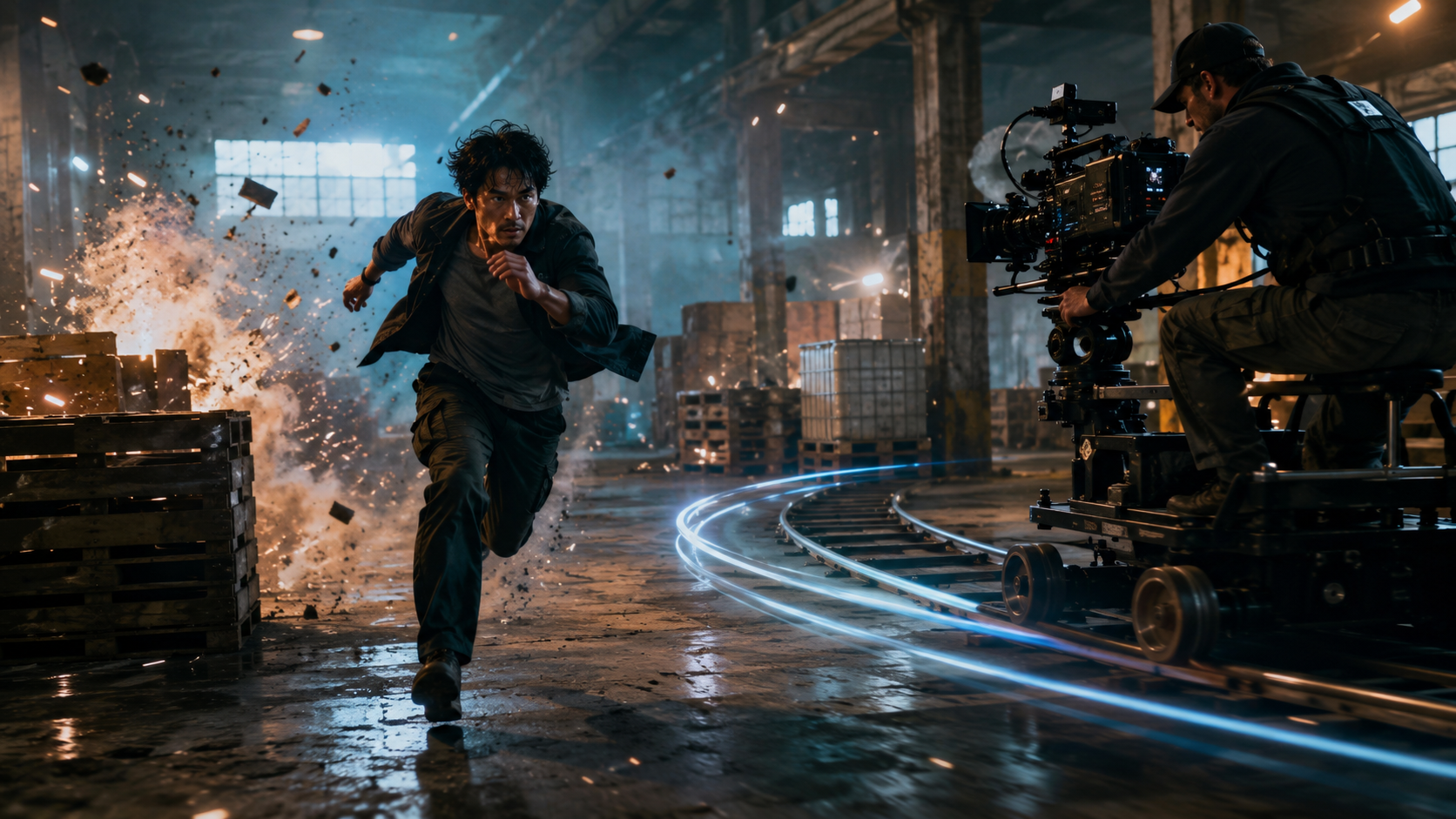 Action motion stress and directed camera move concept for AI video model comparison.